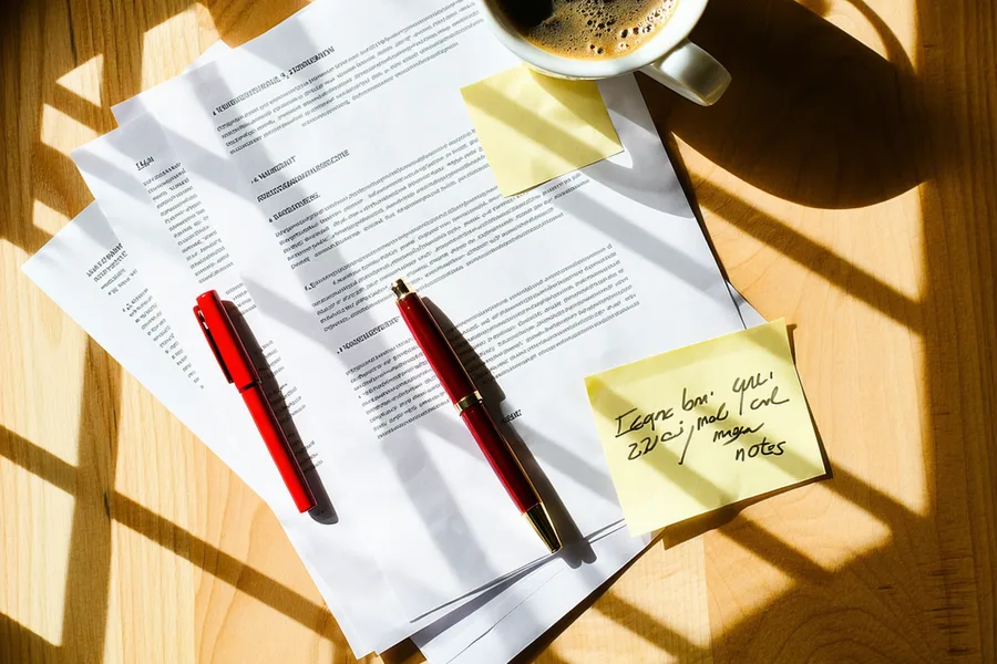 Desk workspace with stacked contract documents and annotation tools