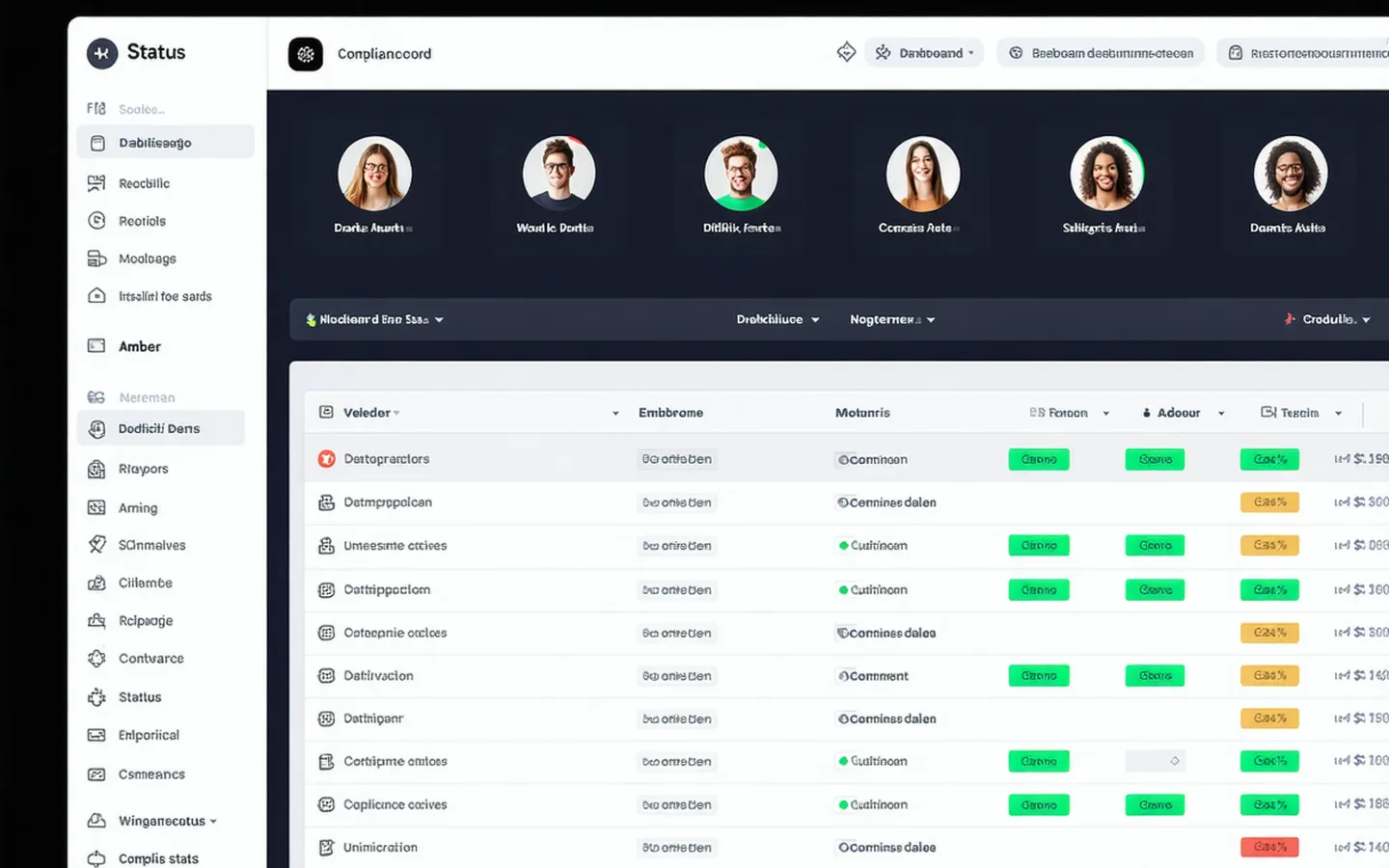 Dark-mode compliance dashboard showing contributor CLA status table with signed, pending, and flagged indicators
